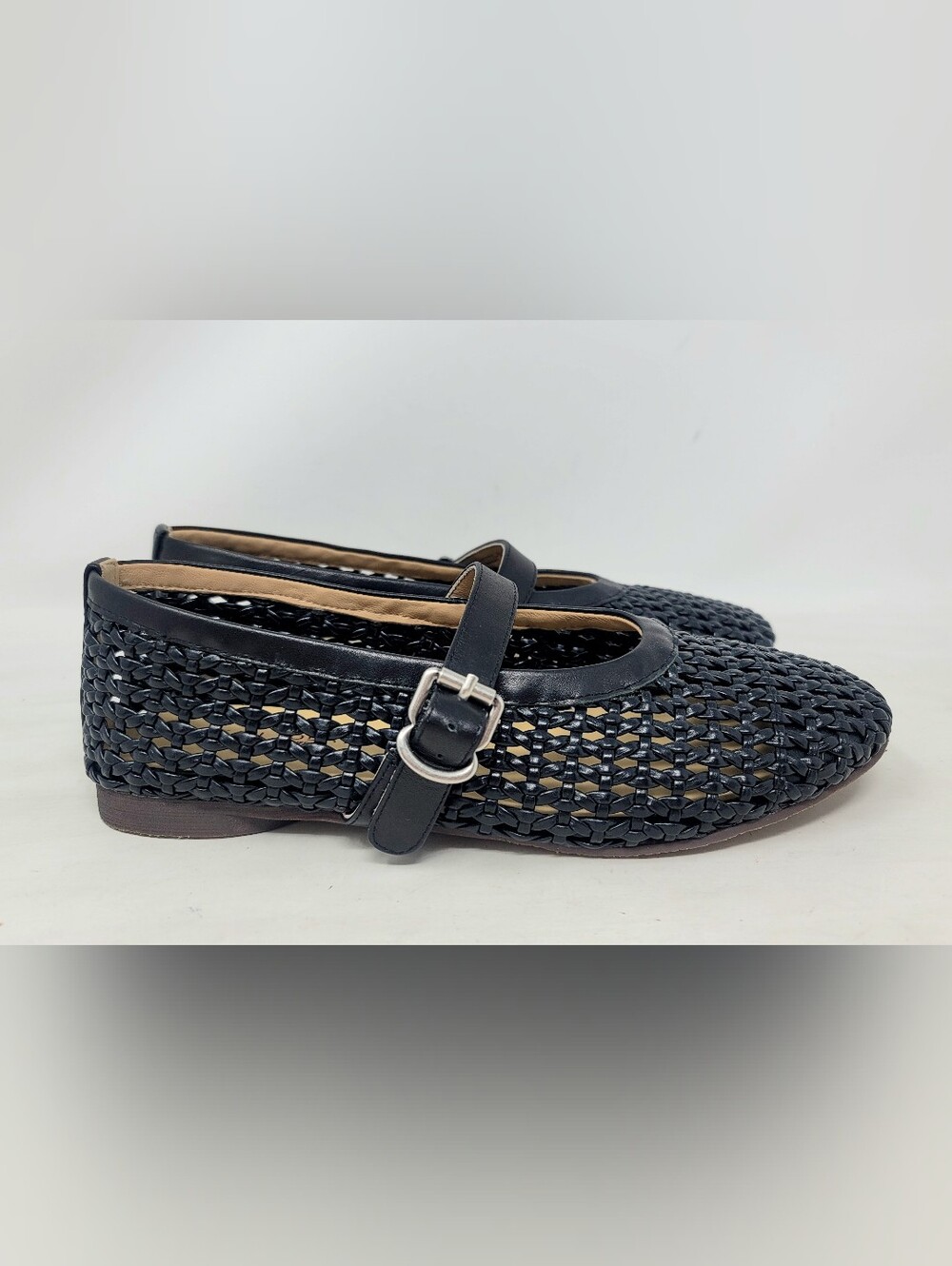 NWOT BEAU TODAY Black Woven Leather Mary Jane Flats with Buckle Strap 7.5